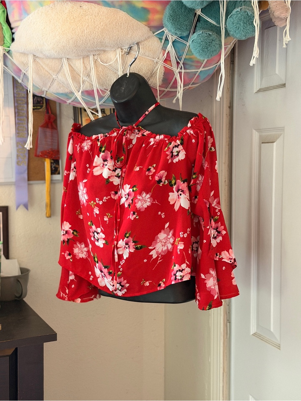 Forever 21 Red Floral Off-the-Shoulder Blouse
